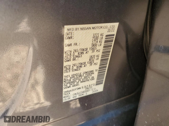 2021 Nissan Titan SV with VIN 1N6AA1EF5MN532371, listed as a Copart auction lot 83470584 with 32,852 mi miles and Salvage title. Bid and sale history available at DreamBid. Image 13.