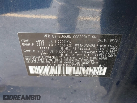2021 Subaru Outback Premium с VIN 4S4BTAFC7M3221019, выставлен на аукционе IAAI как лот 42312939 с пробегом 30 883 миль миль и . История ставок и продаж доступна на DreamBid. Изображение 9.