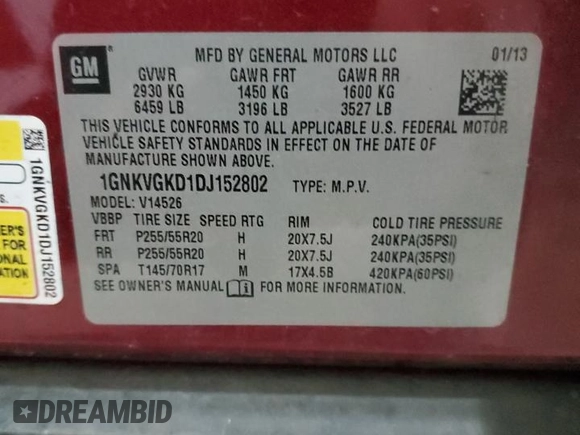 2013 Chevrolet Traverse LT with VIN 1GNKVGKD1DJ152802, listed as a Copart auction lot 47931035 with Not Provided miles and Non Repairable. Bid and sale history available at DreamBid. Image 13.