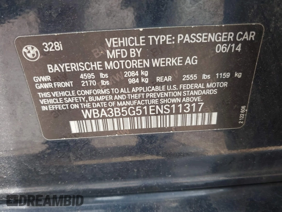 2014 BMW 3 Series 328i xDrive with VIN WBA3B5G51ENS11317, listed as a IAAI auction lot 42494223 with 171,528 mi miles and . Bid and sale history available at DreamBid. Image 9.