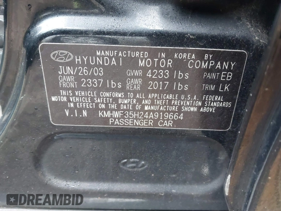 2004 Hyundai Sonata GLS with VIN KMHWF35H24A919664, listed as a IAAI auction lot 41721526 with 99,830 mi miles and . Bid and sale history available at DreamBid. Image 9.
