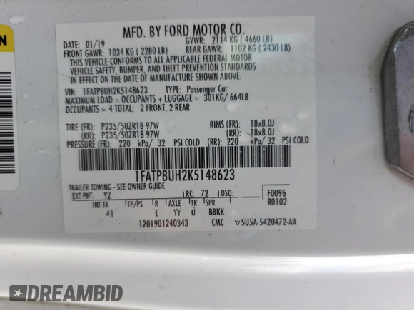 2019 Ford Mustang EcoBoost with VIN 1FATP8UH2K5148623, listed as a Copart auction lot 46192635 with 73,869 mi miles and Salvage Title. Bid and sale history available at carsss.com. Image 12.