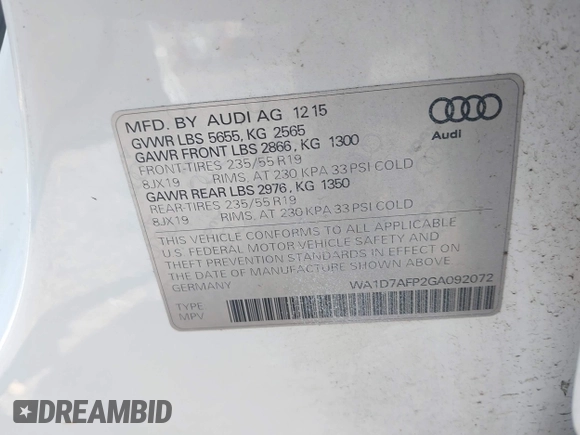 2016 Audi Q5 Premium Plus с VIN WA1D7AFP2GA092072, выставлен на аукционе IAAI как лот 42410707 с пробегом 107 961 миль миль и . История ставок и продаж доступна на DreamBid. Изображение 9.