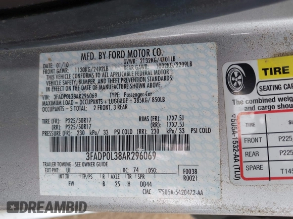 2010 Ford Fusion Hybrid с VIN 3FADP0L38AR296069, выставлен на аукционе IAAI как лот 42760565 с пробегом 94 994 миль миль и . История ставок и продаж доступна на DreamBid. Изображение 9.