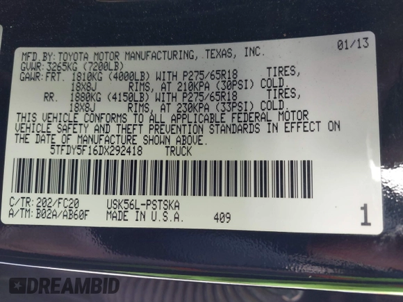 2013 Toyota Tundra z VIN 5TFDY5F16DX292418, wystawiony jako IAAI lot #41531030 z przebiegiem 236 555 mil mil oraz . Historia ofert i sprzedaży dostępna na DreamBid. Obrazek 9.