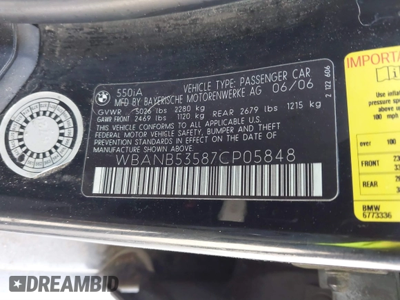 2007 BMW 5 Series 550i with VIN WBANB53587CP05848, listed as a IAAI auction lot 41829797 with 100,639 mi miles and . Bid and sale history available at DreamBid. Image 9.