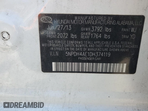 2013 Hyundai Elantra GLS z VIN 5NPDH4AE1DH374119, wystawiony jako Copart lot #56382775 z przebiegiem 118 116 mil mil oraz Szkoda całkowita • Salvage title. Historia ofert i sprzedaży dostępna na DreamBid. Obrazek 12.