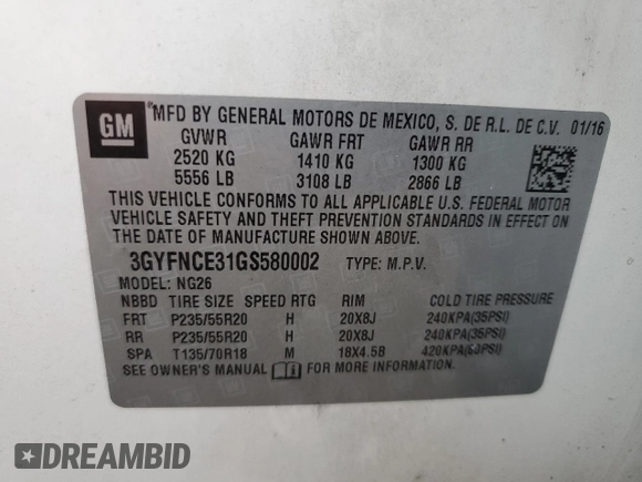 2016 Cadillac SRX Performance Collection with VIN 3GYFNCE31GS580002, listed as a Copart auction lot 62667475 with 135,097 mi miles and Salvage title. Bid and sale history available at DreamBid. Image 14.