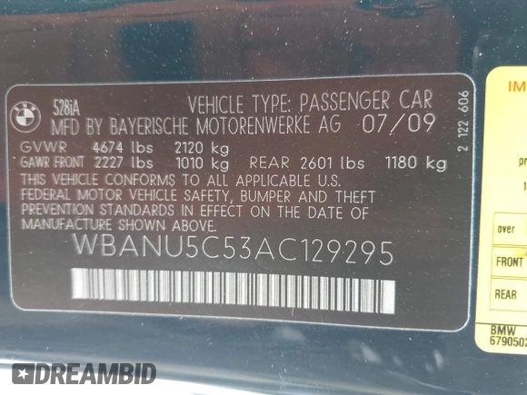 2010 BMW 5 Series 528i with VIN WBANU5C53AC129295, listed as a IAAI auction lot 42004350 with 183,252 mi miles and . Bid and sale history available at carsss.com. Image 9.