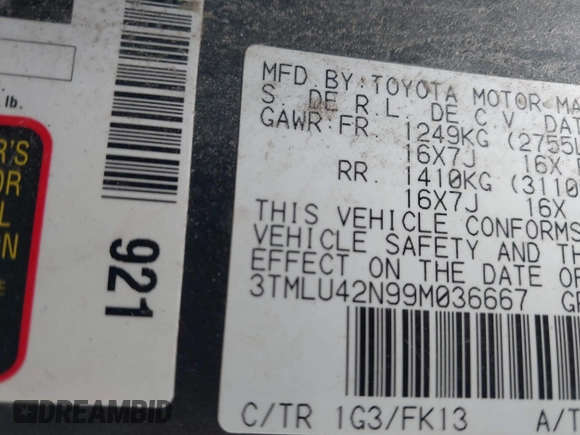 2009 Toyota Tacoma with VIN 3TMLU42N99M036667, listed as a IAAI auction lot 41856732 with 168,748 mi miles and . Bid and sale history available at DreamBid. Image 9.