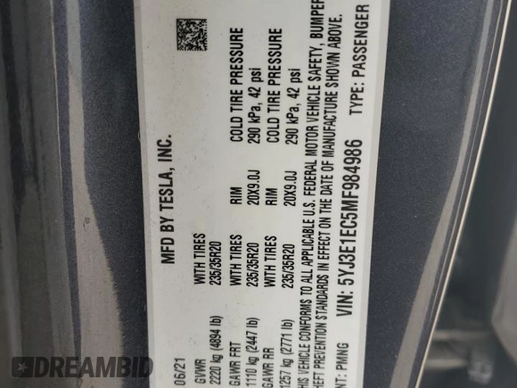 2021 Tesla Model 3 Performance with VIN 5YJ3E1EC5MF984986, listed as a Copart auction lot 52010205 with 48,012 mi miles and Salvage Title. Bid and sale history available at DreamBid. Image 12.