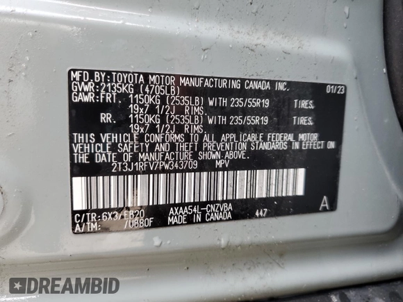 2023 Toyota RAV4 Adventure with VIN 2T3J1RFV7PW343709, listed as a Copart auction lot 50255275 with 37,542 mi miles and Non Repairable. Bid and sale history available at carsss.com. Image 13.