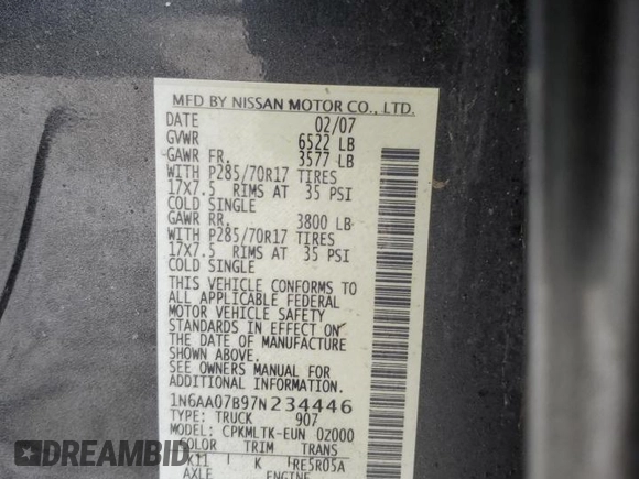 2007 Nissan Titan LE with VIN 1N6AA07B97N234446, listed as a Copart auction lot 45693705 with 119,409 mi miles and Salvage title. Bid and sale history available at DreamBid. Image 12.