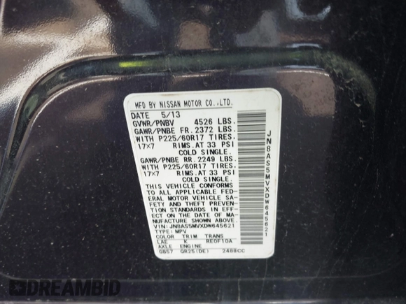 2013 Nissan Rogue S with VIN JN8AS5MVXDW645621, listed as a IAAI auction lot 42012716 with 164,155 mi miles and . Bid and sale history available at DreamBid. Image 9.