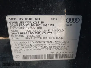 2018 Audi Q3 Premium with VIN WA1BCCFS1JR000736, listed as a IAAI auction lot 41802192 with 62,081 mi miles. Bid and sale history available at carsss.com. Image 9.