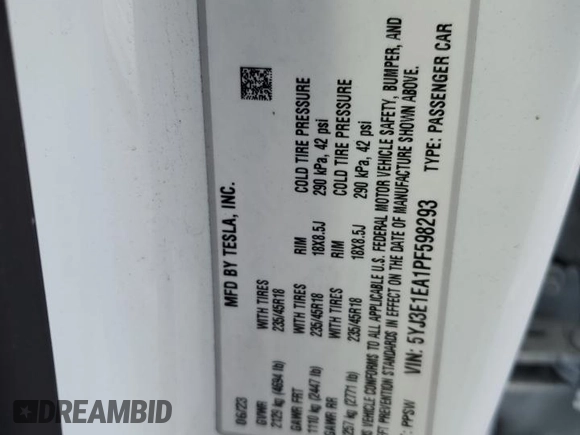 2023 Tesla Model 3 z VIN 5YJ3E1EA1PF598293, wystawiony jako Copart lot #78103684 z przebiegiem 18 805 mil mil oraz Szkoda całkowita • Salvage title. Historia ofert i sprzedaży dostępna na DreamBid. Obrazek 12.
