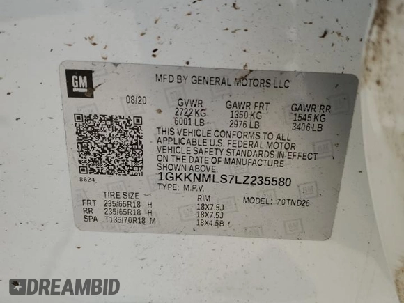 2020 GMC Acadia SLT with VIN 1GKKNMLS7LZ235580, listed as a Copart auction lot 87884945 with 95,180 mi miles and Salvage Title. Bid and sale history available at DreamBid. Image 14.