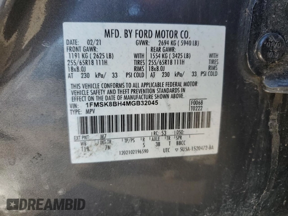 2021 Ford Explorer with VIN 1FMSK8BH4MGB32045, listed as a Copart auction lot 88047105 with 0 mi miles and Salvage Title. Bid and sale history available at carsss.com. Image 14.