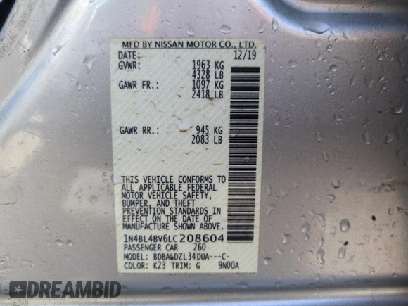 2020 Nissan Altima S z VIN 1N4BL4BV6LC208604, wystawiony jako Copart lot #49843965 z przebiegiem 89 384 mil mil oraz Szkoda całkowita • Salvage title. Historia ofert i sprzedaży dostępna na DreamBid. Obrazek 13.