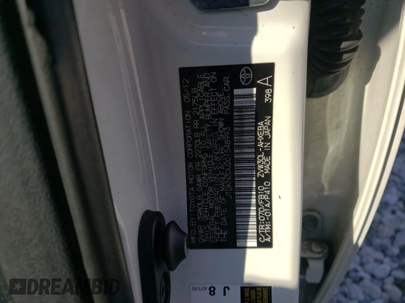 2012 Toyota Prius One with VIN JTDKN3DU2C1548993, listed as a Copart auction lot 46163375 with 179,018 mi miles and Salvage Title. Bid and sale history available at DreamBid. Image 12.