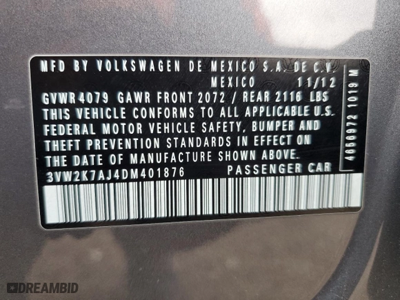 2013 Volkswagen Jetta Sedan S with VIN 3VW2K7AJ4DM401876, listed as a Copart auction lot 40092664 with 111,462 mi miles and Salvage Title. Bid and sale history available at carsss.com. Image 12.