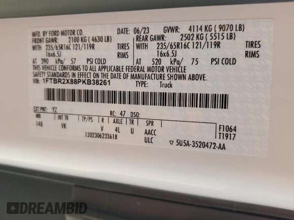 2023 Ford Transit Cargo with VIN 1FTBR2X88PKB38261, listed as a Copart auction lot 70617654 with 1,088 mi miles and Salvage Title. Bid and sale history available at DreamBid. Image 12.