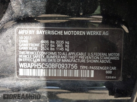 2011 BMW 3 Series 328i with VIN WBAPH5C50BF093756, listed as a IAAI auction lot 42552472 with 178,916 mi miles and . Bid and sale history available at DreamBid. Image 9.