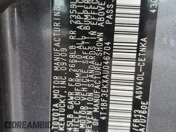 2010 Toyota Camry z VIN 4T1BF3EKXAU046704, wystawiony jako Copart lot #56653825 z przebiegiem 192 691 mil mil oraz Szkoda całkowita • Salvage title. Historia ofert i sprzedaży dostępna na DreamBid. Obrazek 12.