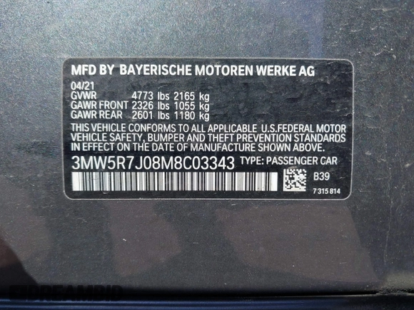 2021 BMW 3 Series 330i xDrive with VIN 3MW5R7J08M8C03343, listed as a IAAI auction lot 42061147 with 34,941 mi miles and . Bid and sale history available at DreamBid. Image 9.