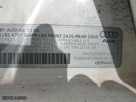2010 Audi A4 2.0T Premium with VIN WAUAFAFL9AN038127, listed as a IAAI auction lot 41692175 with 123,445 mi miles. Bid and sale history available at carsss.com. Image 9.