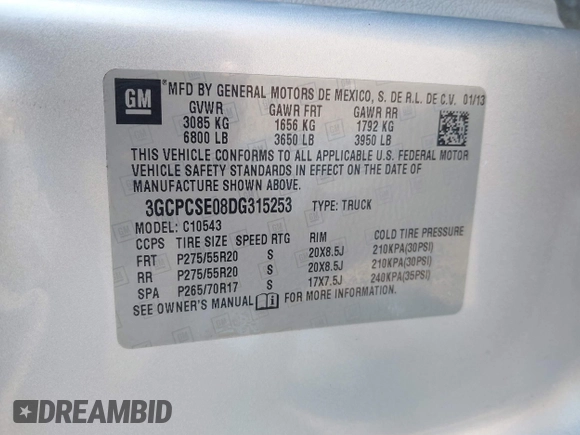 2013 Chevrolet Silverado 1500 LT with VIN 3GCPCSE08DG315253, listed as a IAAI auction lot 41762509 with 192,430 mi miles and . Bid and sale history available at DreamBid. Image 9.