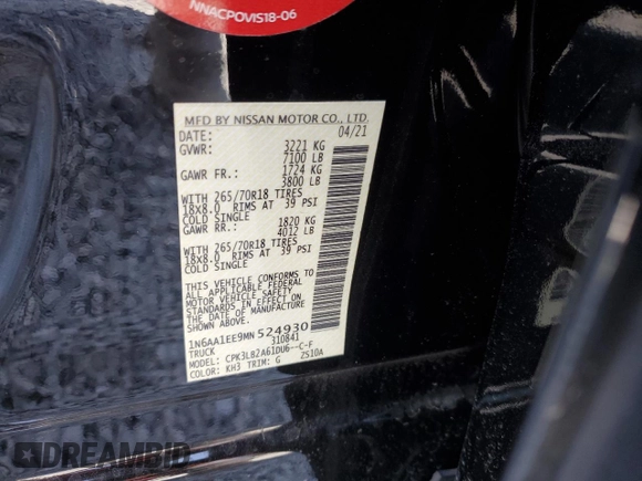 2021 Nissan Titan SV with VIN 1N6AA1EE9MN524930, listed as a Copart auction lot 52069845 with 44,280 mi miles and Salvage Title. Bid and sale history available at DreamBid. Image 13.