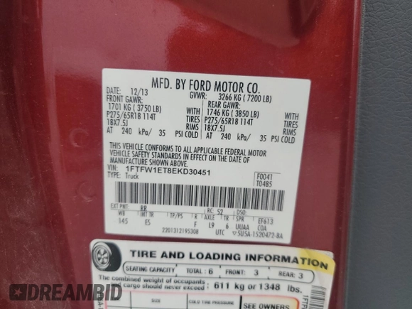 2014 Ford F-150 XL with VIN 1FTFW1ET8EKD30451, listed as a Copart auction lot 81551254 with 154,796 mi miles and Clean Title. Bid and sale history available at carsss.com. Image 12.