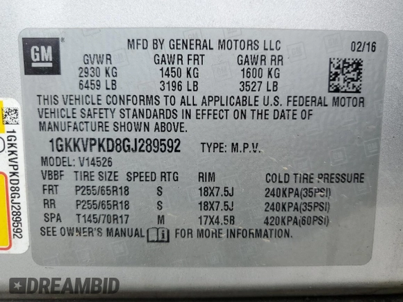 2016 GMC Acadia SLE z VIN 1GKKVPKD8GJ289592, wystawiony jako Copart lot #59036195 z przebiegiem 140 611 mil mil oraz Czysty tytuł • Clean title. Historia ofert i sprzedaży dostępna na DreamBid. Obrazek 13.