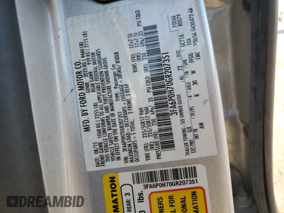 2016 Ford Fusion SE with VIN 3FA6P0H70GR207351, listed as a Copart auction lot 85886494 with 140,864 mi miles and Salvage Title. Bid and sale history available at DreamBid. Image 15.