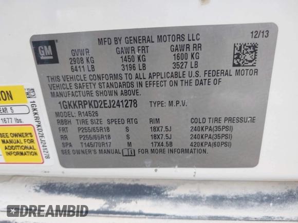 2014 GMC Acadia SLE with VIN 1GKKRPKD2EJ241278, listed as a IAAI auction lot 41398767 with 210,341 mi miles. Bid and sale history available at carsss.com. Image 9.