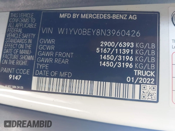 2022 Mercedes-Benz Metris Cargo with VIN W1YV0BEY8N3960426, listed as a IAAI auction lot 42019330 with 37,038 mi miles. Bid and sale history available at carsss.com. Image 9.