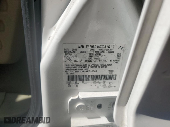 2010 Ford F-350 XL with VIN 1FTWW3DR1AEB32563, listed as a Copart auction lot 80013484 with 187,978 mi miles and Salvage title. Bid and sale history available at DreamBid. Image 12.