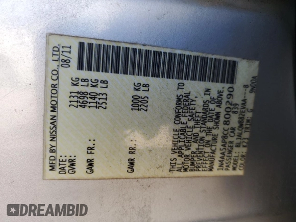 2012 Nissan Maxima S z VIN 1N4AA5AP8CC800290, wystawiony jako Copart lot #53036195 z przebiegiem 216 905 mil mil oraz Szkoda całkowita • Salvage title. Historia ofert i sprzedaży dostępna na DreamBid. Obrazek 12.