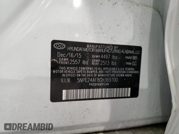 2016 Hyundai Sonata SE with VIN 5NPE24AF8GH369700, listed as a Copart auction lot 54790665 with 114,110 mi miles and Clean Title. Bid and sale history available at carsss.com. Image 12.