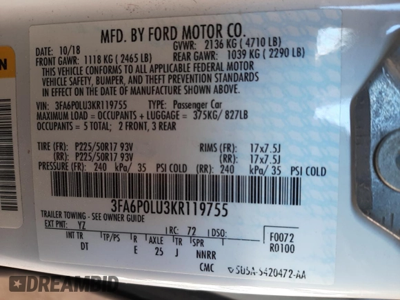2019 Ford Fusion Hybrid SE with VIN 3FA6P0LU3KR119755, listed as a Copart auction lot 40221613 with 40,799 mi miles. Bid and sale history available at carsss.com. Image 12.
