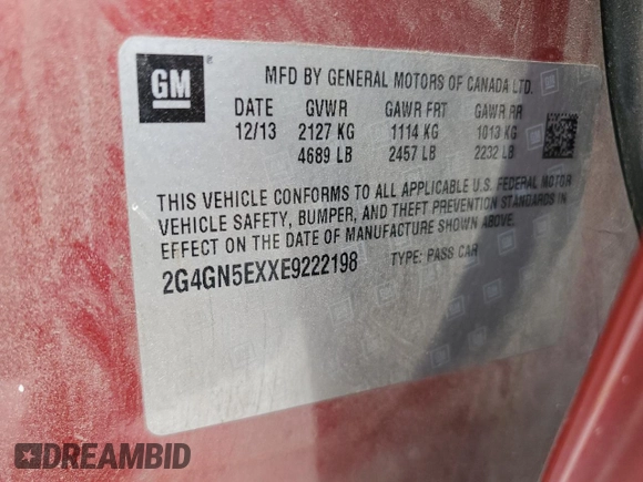 2014 Buick Regal Premium I with VIN 2G4GN5EXXE9222198, listed as a Copart auction lot 52641695 with 109,194 mi miles and Salvage Title. Bid and sale history available at carsss.com. Image 14.