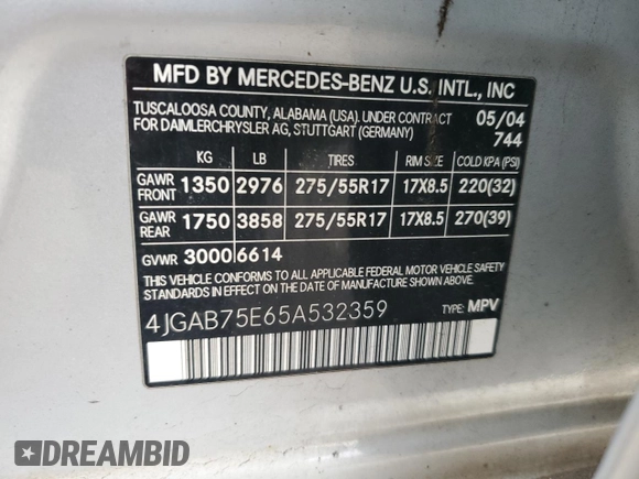 2005 Mercedes-Benz M 500 with VIN 4JGAB75E65A532359, listed as a Copart auction lot 41510825 with 139,916 mi miles and Salvage title. Bid and sale history available at DreamBid. Image 13.