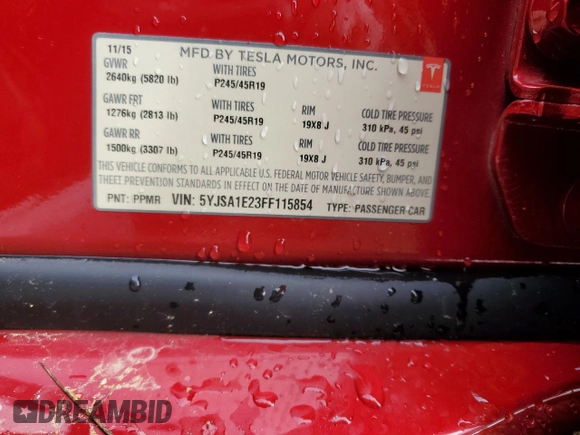 2015 Tesla Model S 85D with VIN 5YJSA1E23FF115854, listed as a Copart auction lot 48938485 with 96,596 mi miles and Salvage Title. Bid and sale history available at carsss.com. Image 15.