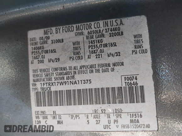 2001 Ford F-150 XL z VIN 1FTRX17W91NA11375, wystawiony jako IAAI lot #41399932 z przebiegiem Nie podano mil oraz . Historia ofert i sprzedaży dostępna na DreamBid. Obrazek 9.