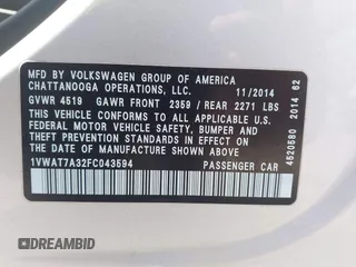 2015 Volkswagen Passat 1.8T Limited Edition with VIN 1VWAT7A32FC043594, listed as a IAAI auction lot 41867799 with 195,144 mi miles. Bid and sale history available at carsss.com. Image 9.