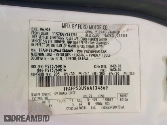 2006 Ford Taurus SE with VIN 1FAFP53U96A134869, listed as a IAAI auction lot 42185928 with 207,390 mi miles and . Bid and sale history available at DreamBid. Image 9.