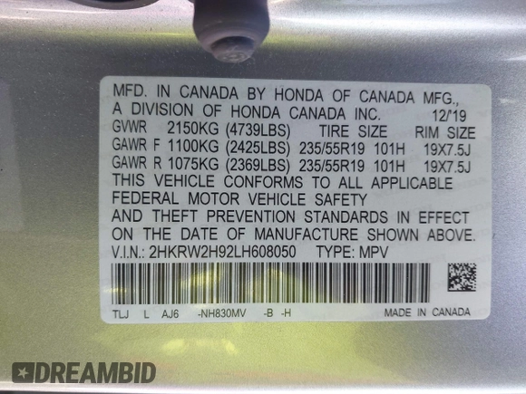 2020 Honda CR-V Touring with VIN 2HKRW2H92LH608050, listed as a IAAI auction lot 41431224 with 52,678 mi miles and . Bid and sale history available at DreamBid. Image 9.
