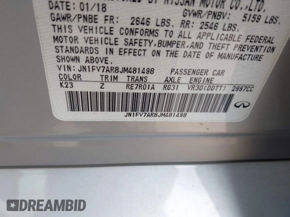 2018 Infiniti Q50 Red Sport 400 with VIN JN1FV7AR8JM481498, listed as a IAAI auction lot 42673176 with 100,332 mi miles and . Bid and sale history available at DreamBid. Image 9.