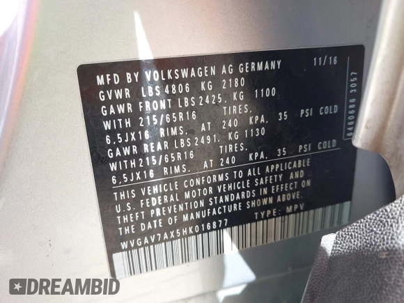 2017 Volkswagen Tiguan S z VIN WVGAV7AX5HK016877, wystawiony jako IAAI lot #42174845 z przebiegiem 99 334 mil mil oraz . Historia ofert i sprzedaży dostępna na DreamBid. Obrazek 9.